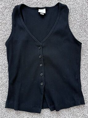 A New Day Black Ribbed Button-Front Tank Top XS